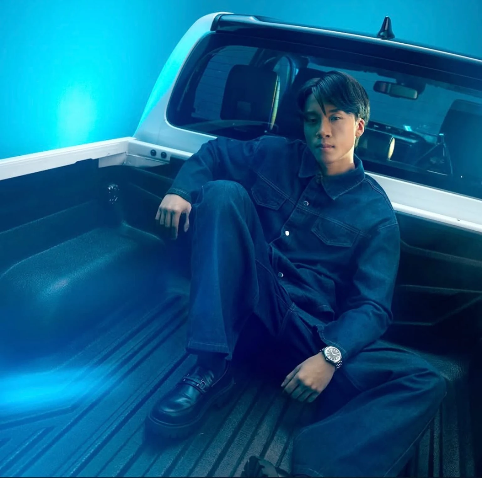 Neron Zach in Toyota automotive campaign, photographed in the pickup bed